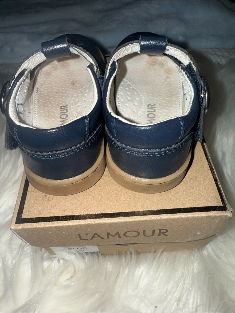 L'Amour Navy T‑Strap Kids Dress Shoes with Tan Sole